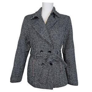 Vintage British Khaki Tweed Wool Blend Double Breasted Belted Jacket Size S